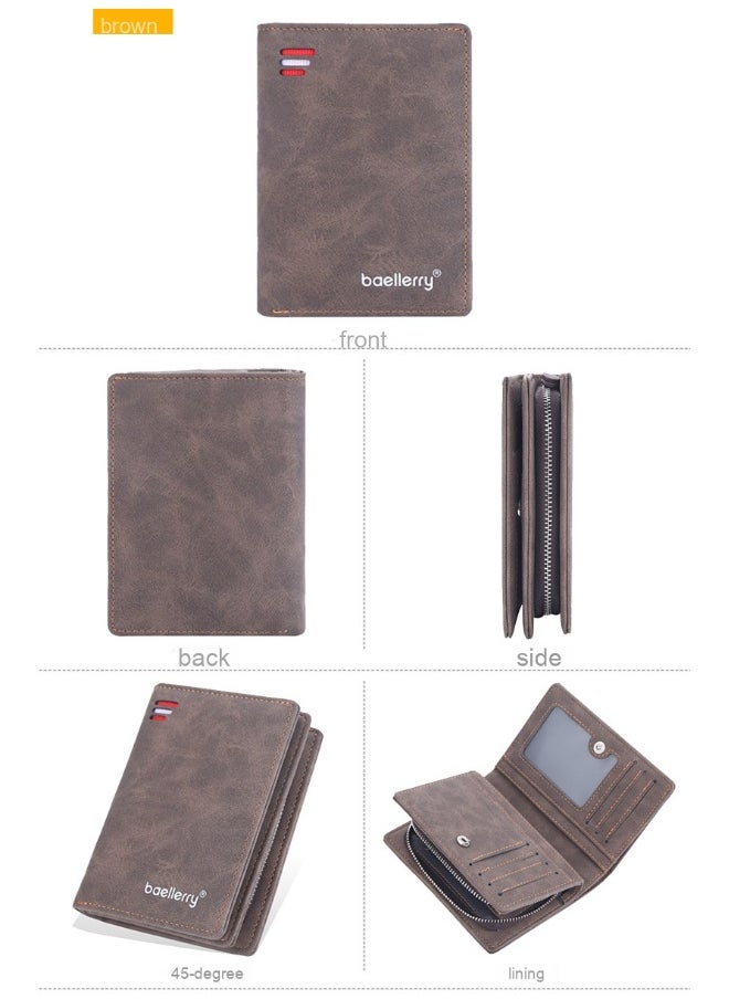 Men's Short Wallet Euro-American Multi-card Coin Wallet Zipper Strap Abrasive Leather Money Clip