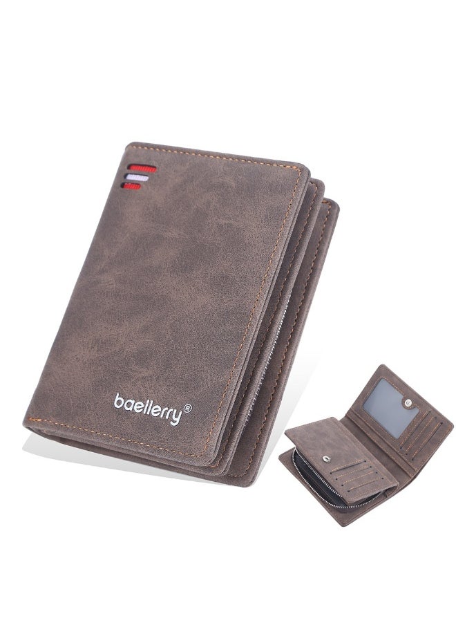 Men's Short Wallet Euro-American Multi-card Coin Wallet Zipper Strap Abrasive Leather Money Clip