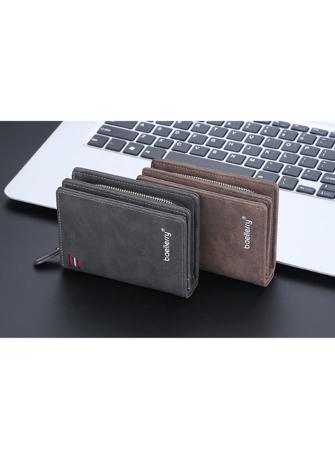Men's Short Wallet Euro-American Multi-card Coin Wallet Zipper Strap Abrasive Leather Money Clip