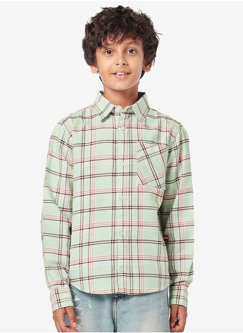 Regular Long Sleeve Printed Light And Green Cotton Shirt For Boys 100 % Cotton