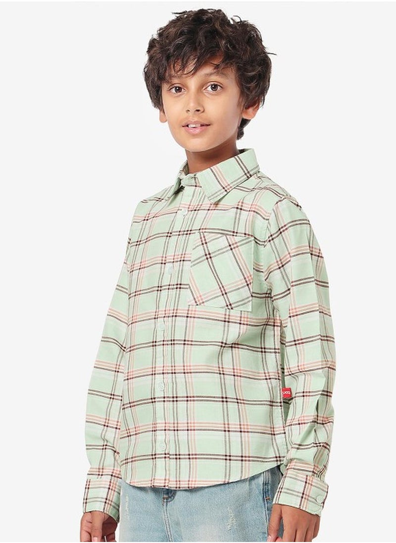 Regular Long Sleeve Printed Light And Green Cotton Shirt For Boys 100 % Cotton