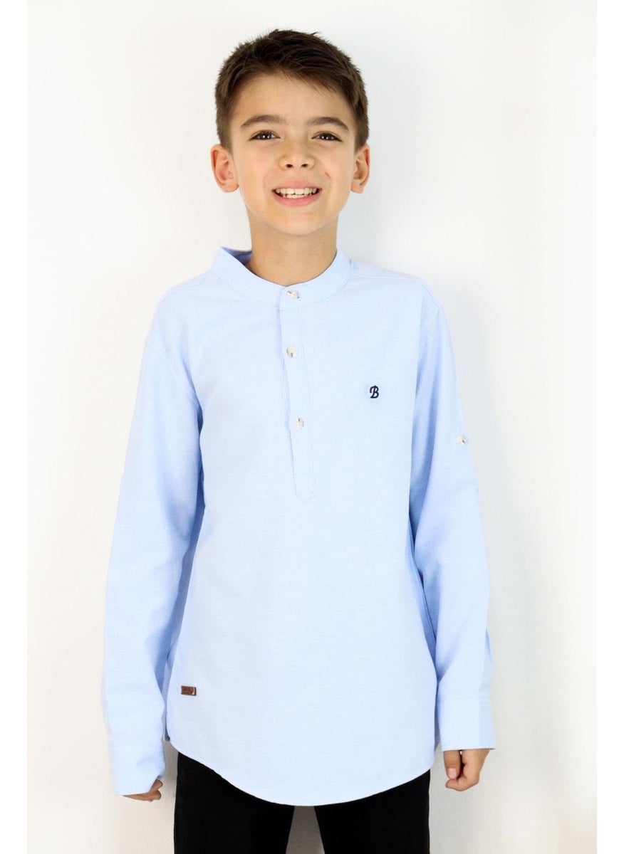 Boy's Shirt Letter Embroidered Half Button 8-12 Years, Light Blue