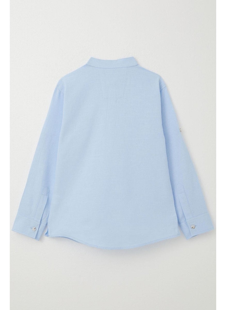 Boy's Shirt Letter Embroidered Half Button 8-12 Years, Light Blue