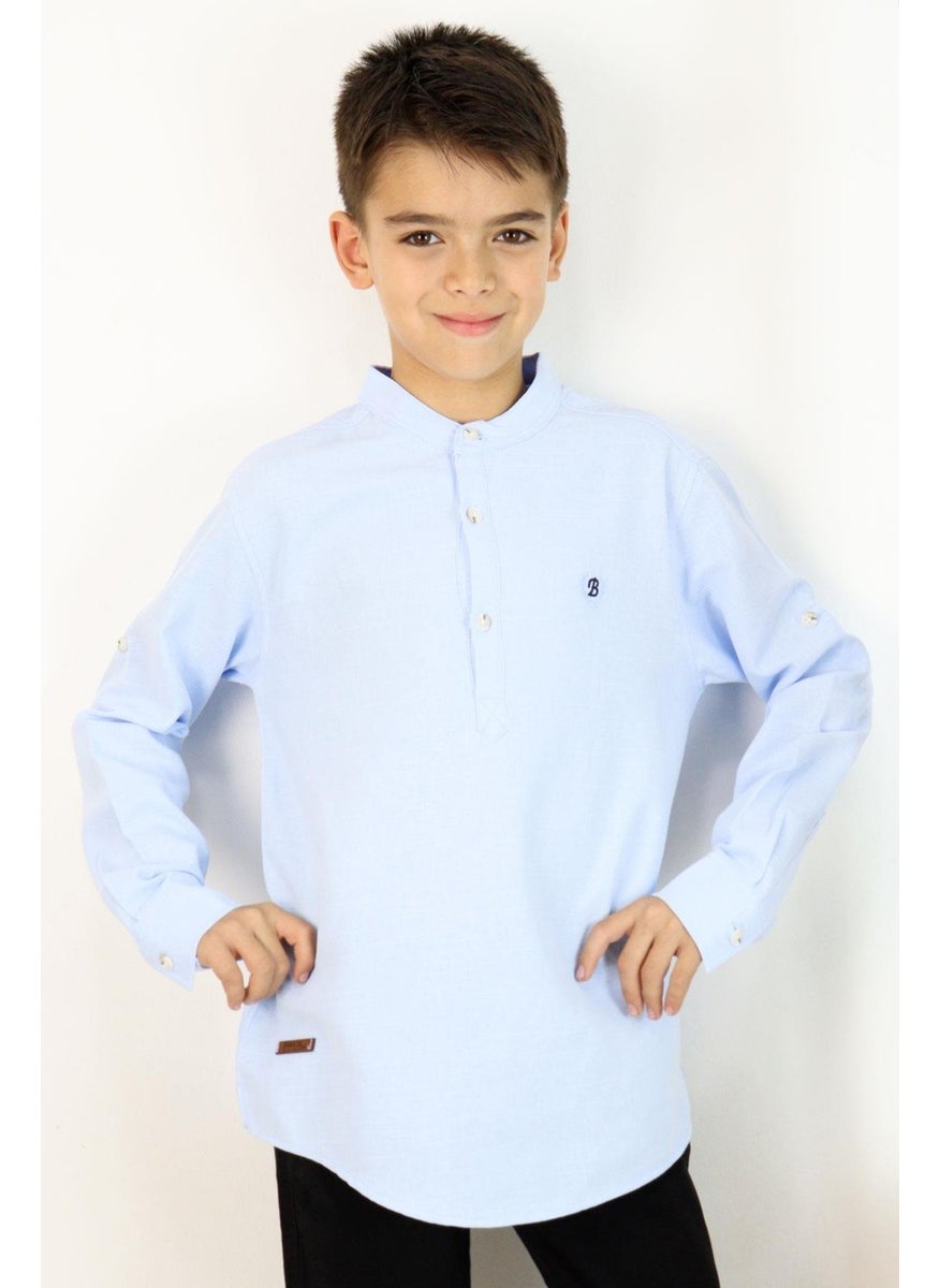 Boy's Shirt Letter Embroidered Half Button 8-12 Years, Light Blue