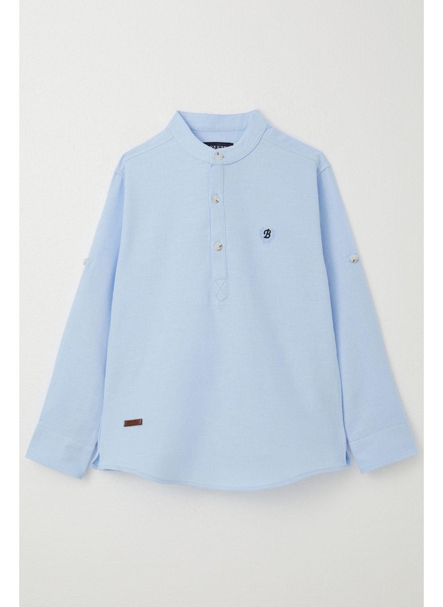 Boy's Shirt Letter Embroidered Half Button 8-12 Years, Light Blue