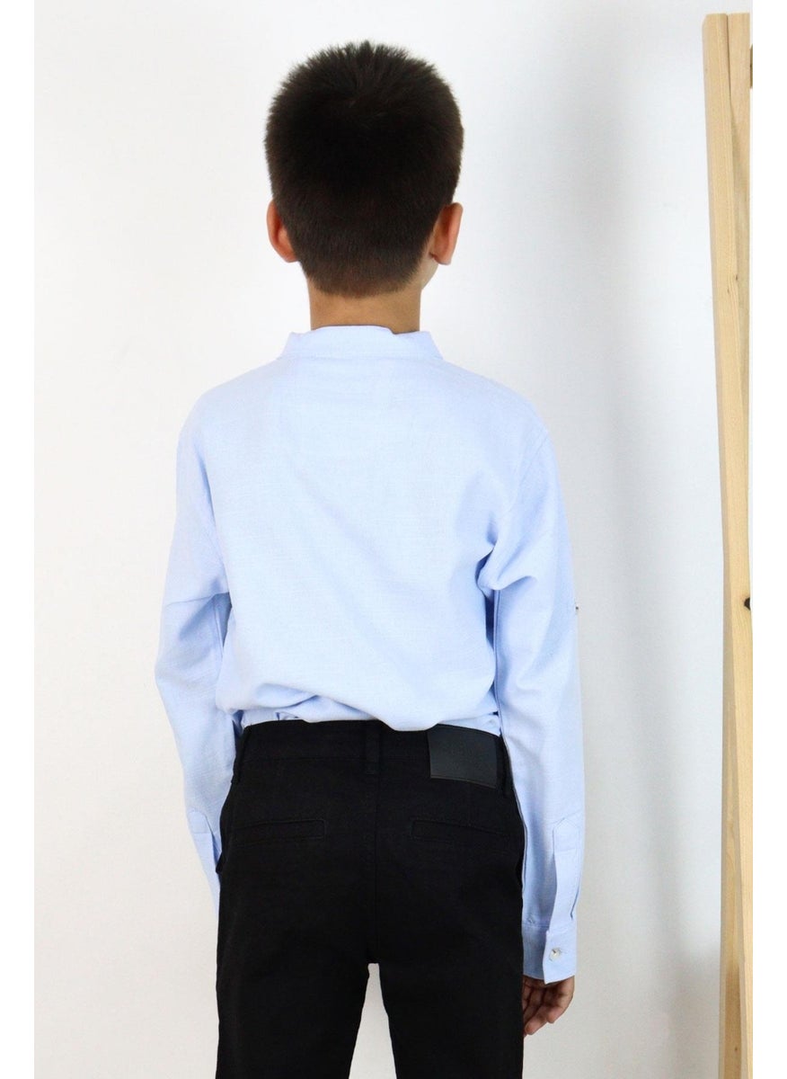 Boy's Shirt Letter Embroidered Half Button 8-12 Years, Light Blue