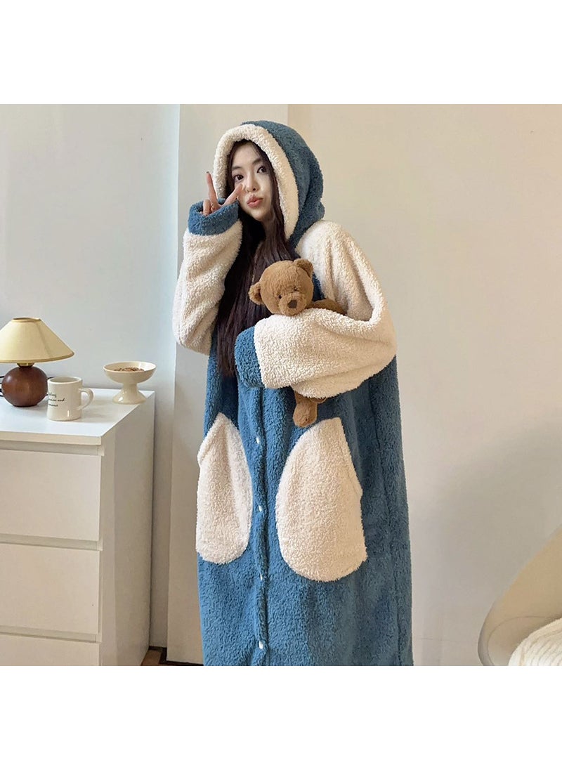 Luxurious Cashmere Hooded Robe Thick Flannel 7688 advanced Blue