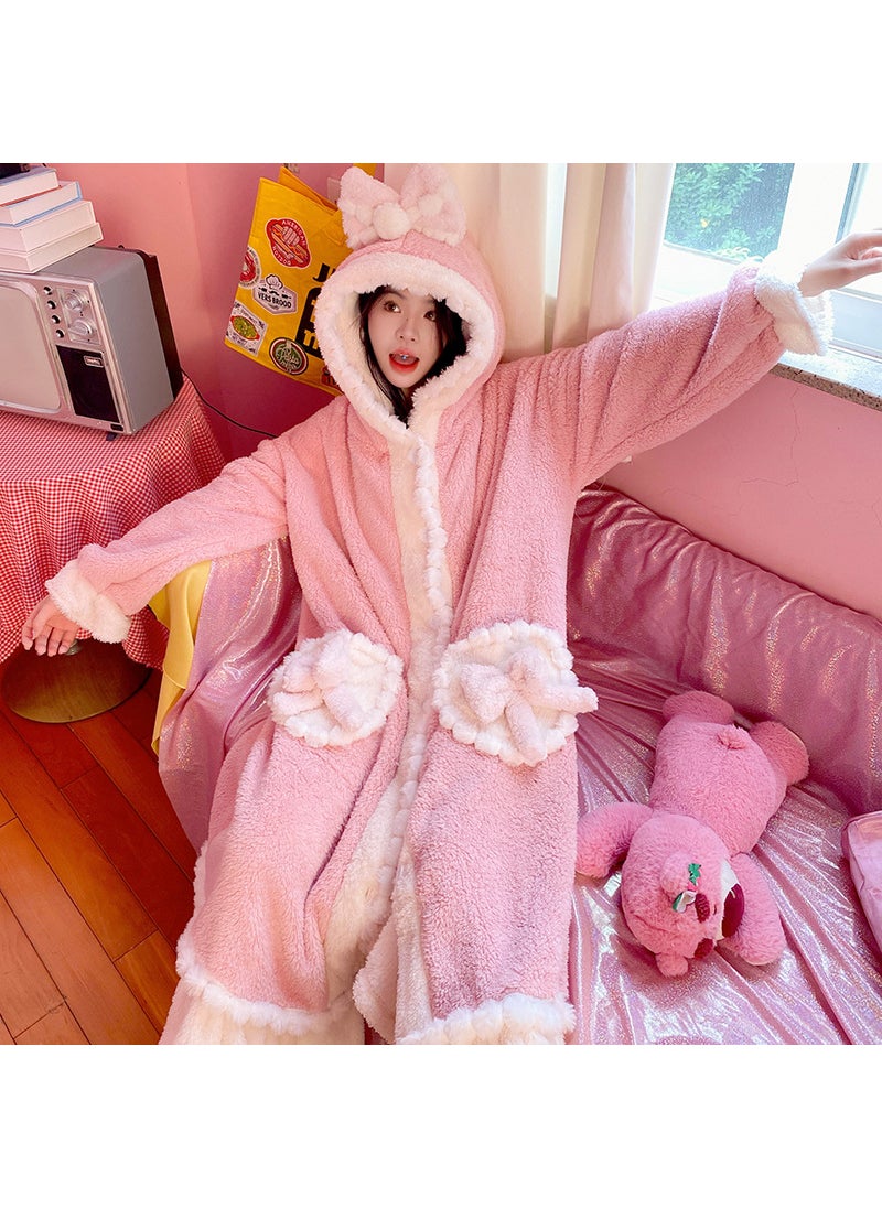 Thick Fleece Robe Sweet Bow Long Home Wear 2323 pink