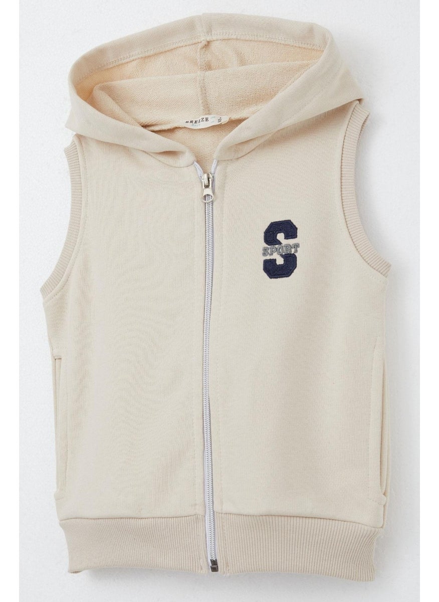 Boy's Vest with Letter Embroidery and Zipper, 3-8 Years, Beige