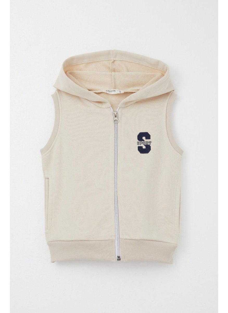 Boy's Vest with Letter Embroidery and Zipper, 3-8 Years, Beige