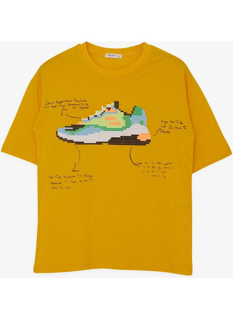 Boy's T-Shirt Colorful Shoes Printed Age 9-16, Mustard Yellow