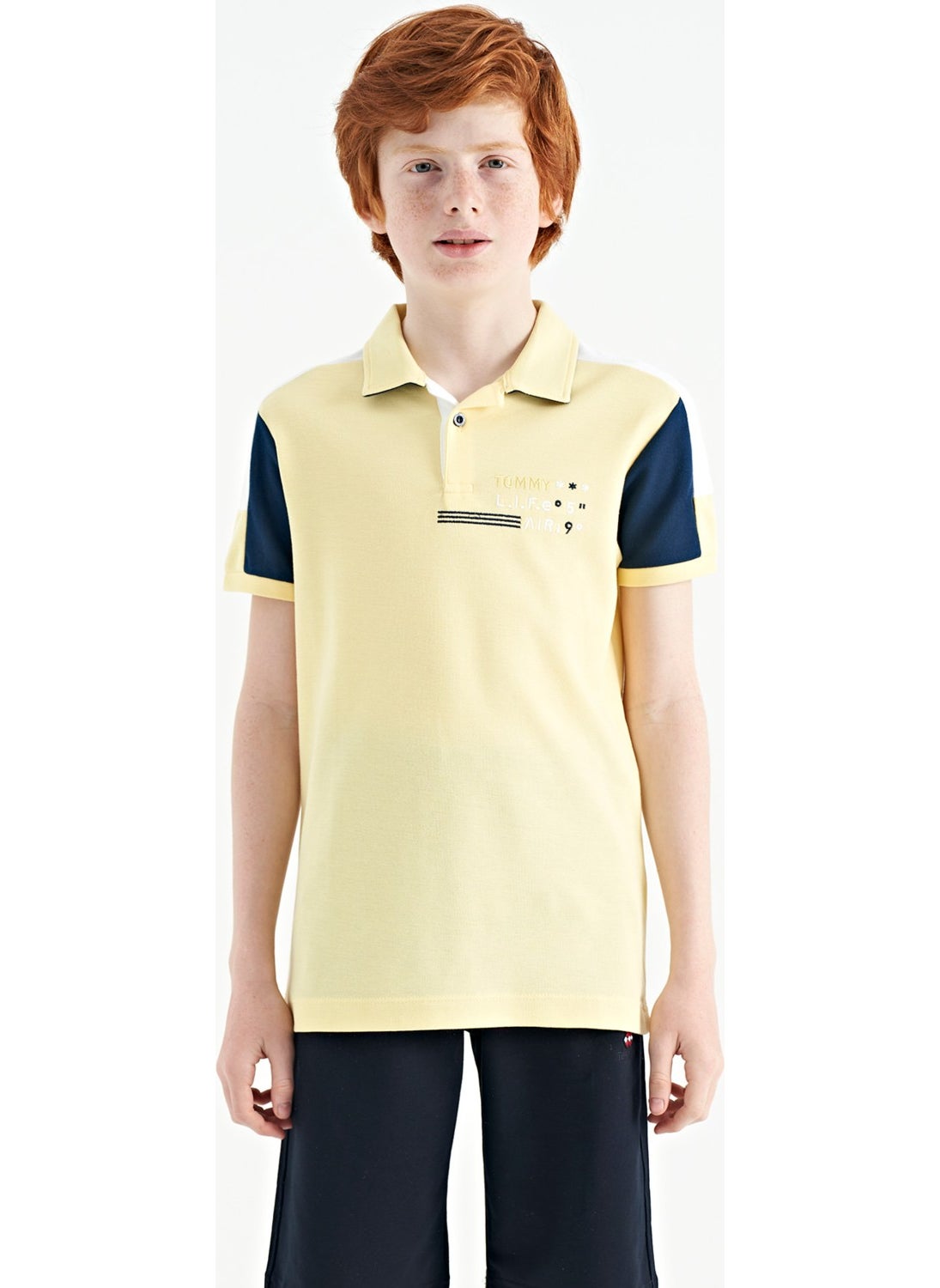 Yellow Color Block Shoulder Garni Detailed Standard Size Boy T-Shirt - 11155