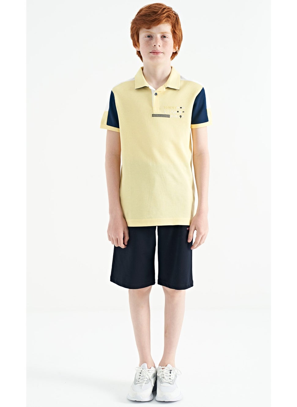 Yellow Color Block Shoulder Garni Detailed Standard Size Boy T-Shirt - 11155