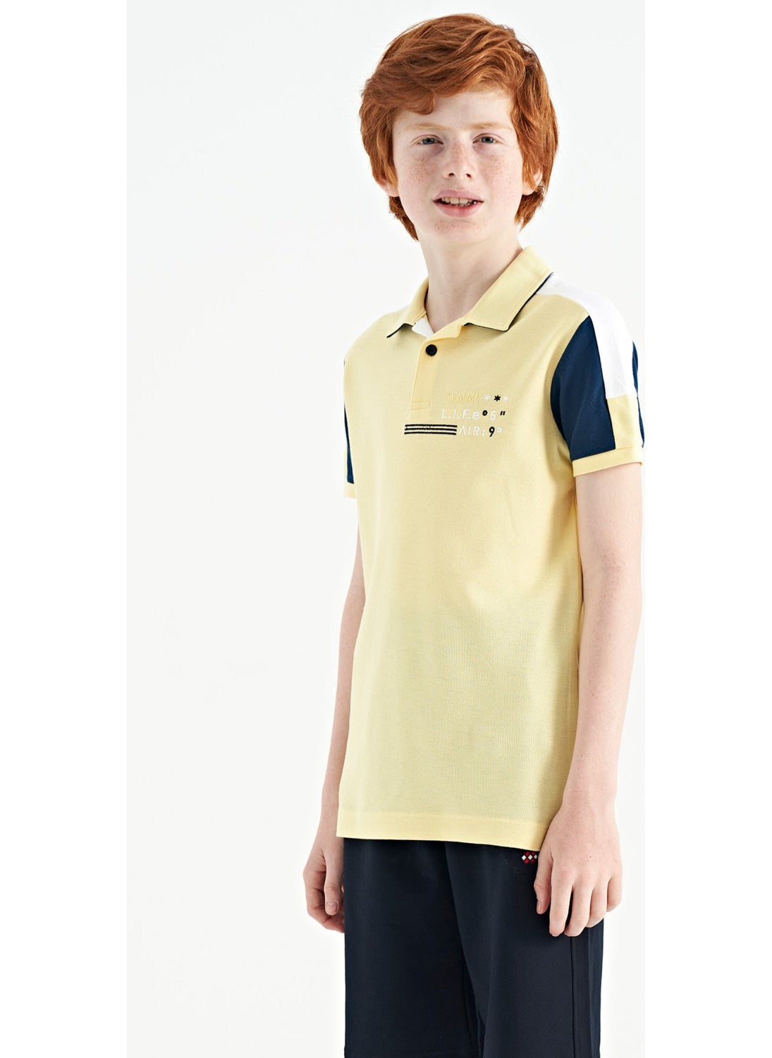 Yellow Color Block Shoulder Garni Detailed Standard Size Boy T-Shirt - 11155