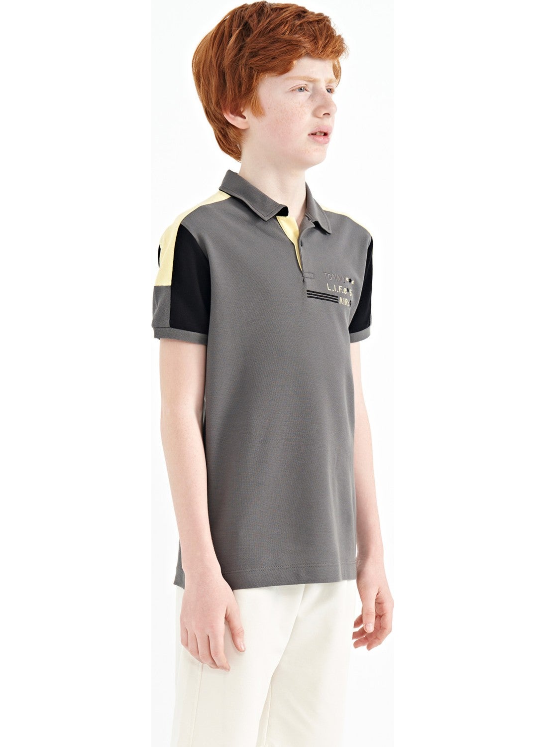 Dark Gray Color Block Shoulder Garni Detailed Standard Size Boy T-Shirt - 11155