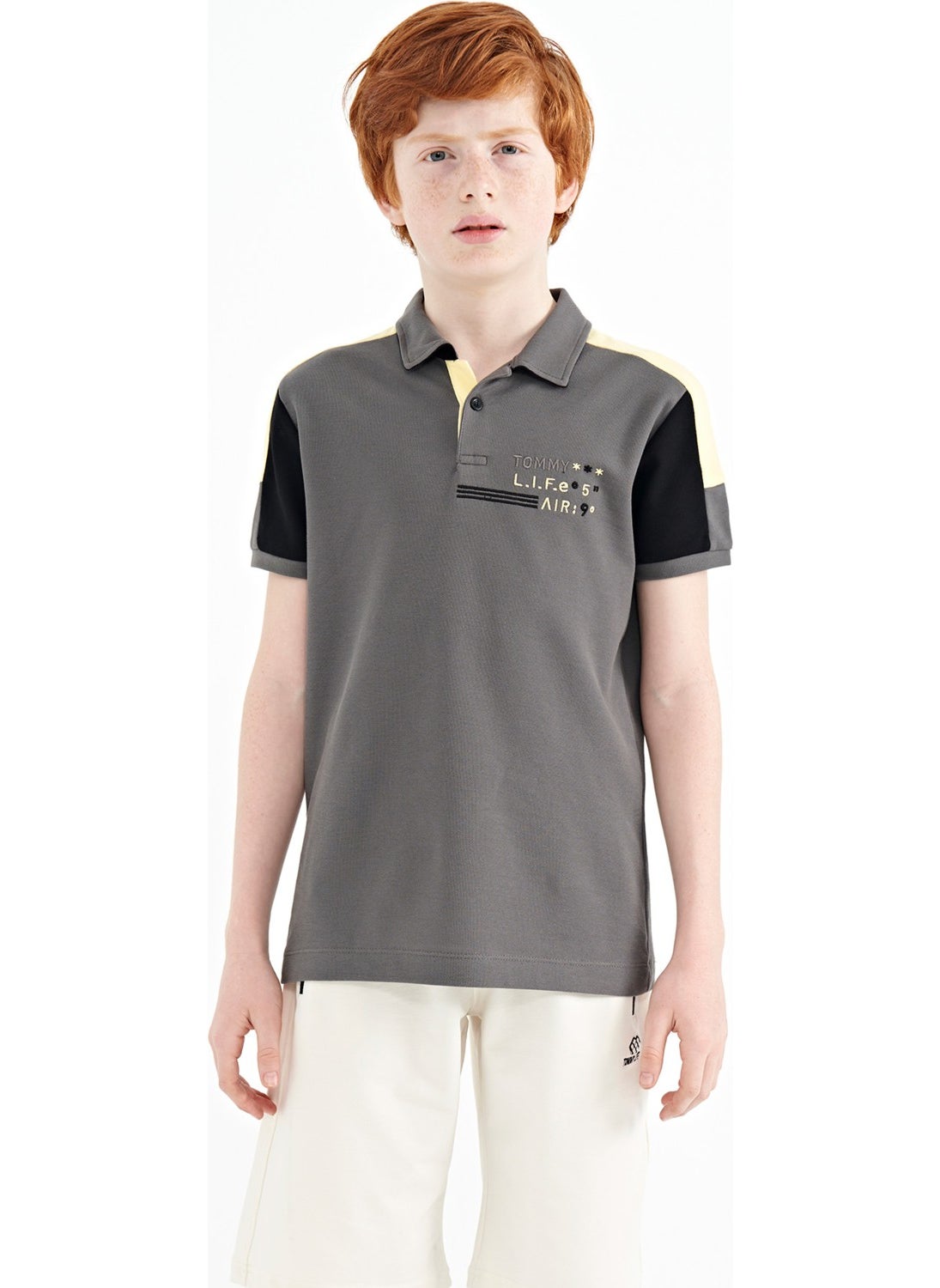 Dark Gray Color Block Shoulder Garni Detailed Standard Size Boy T-Shirt - 11155