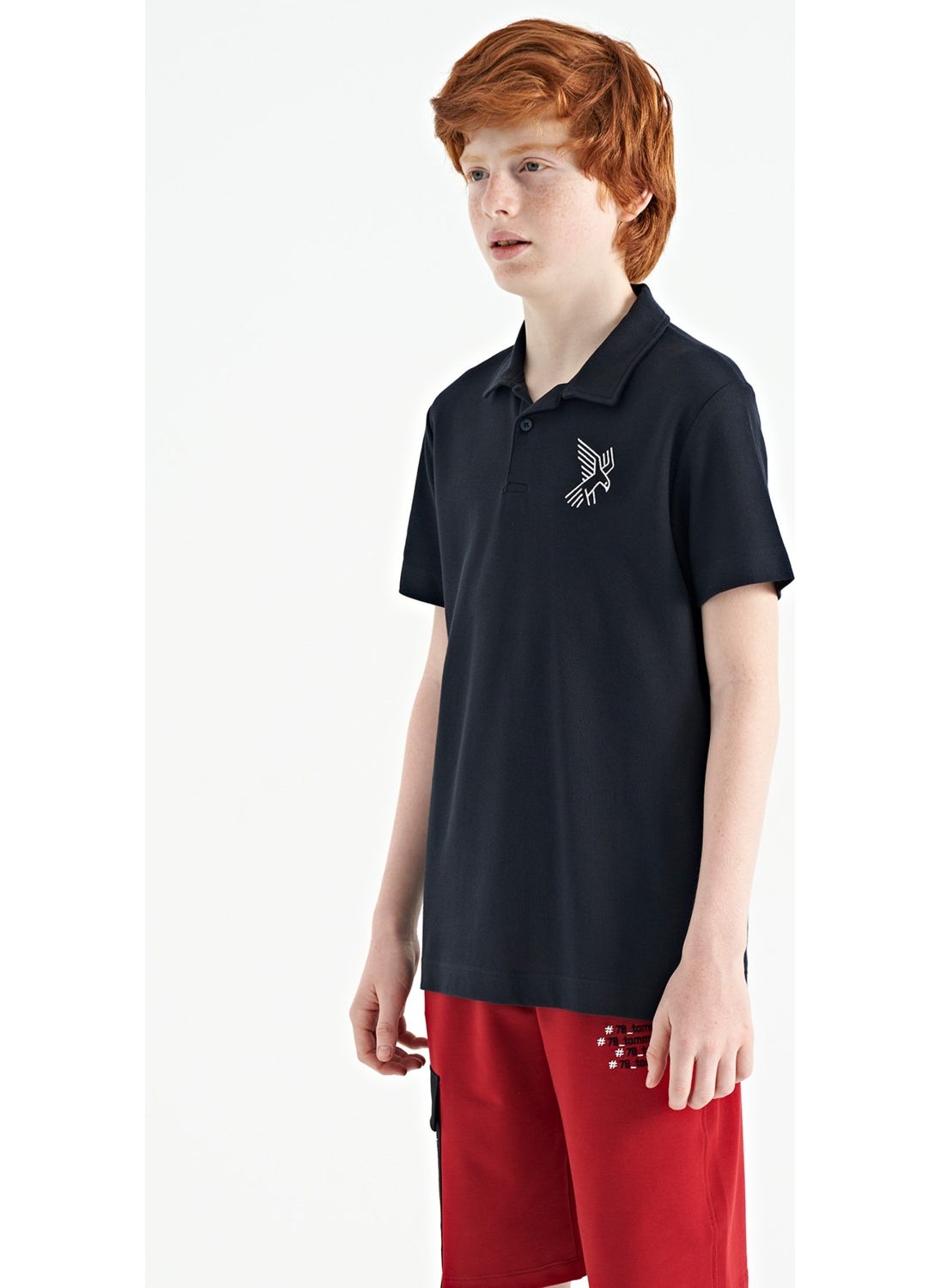 Navy Blue Minimal Embroidery Detailed Standard Pattern Polo Collar Boy T-Shirt - 11084