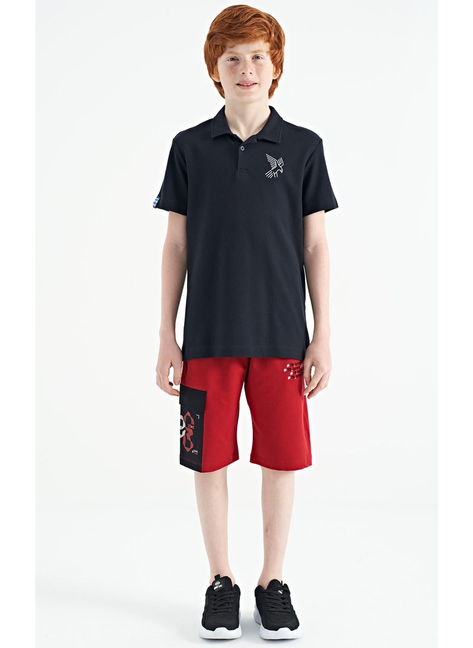 Navy Blue Minimal Embroidery Detailed Standard Pattern Polo Collar Boy T-Shirt - 11084