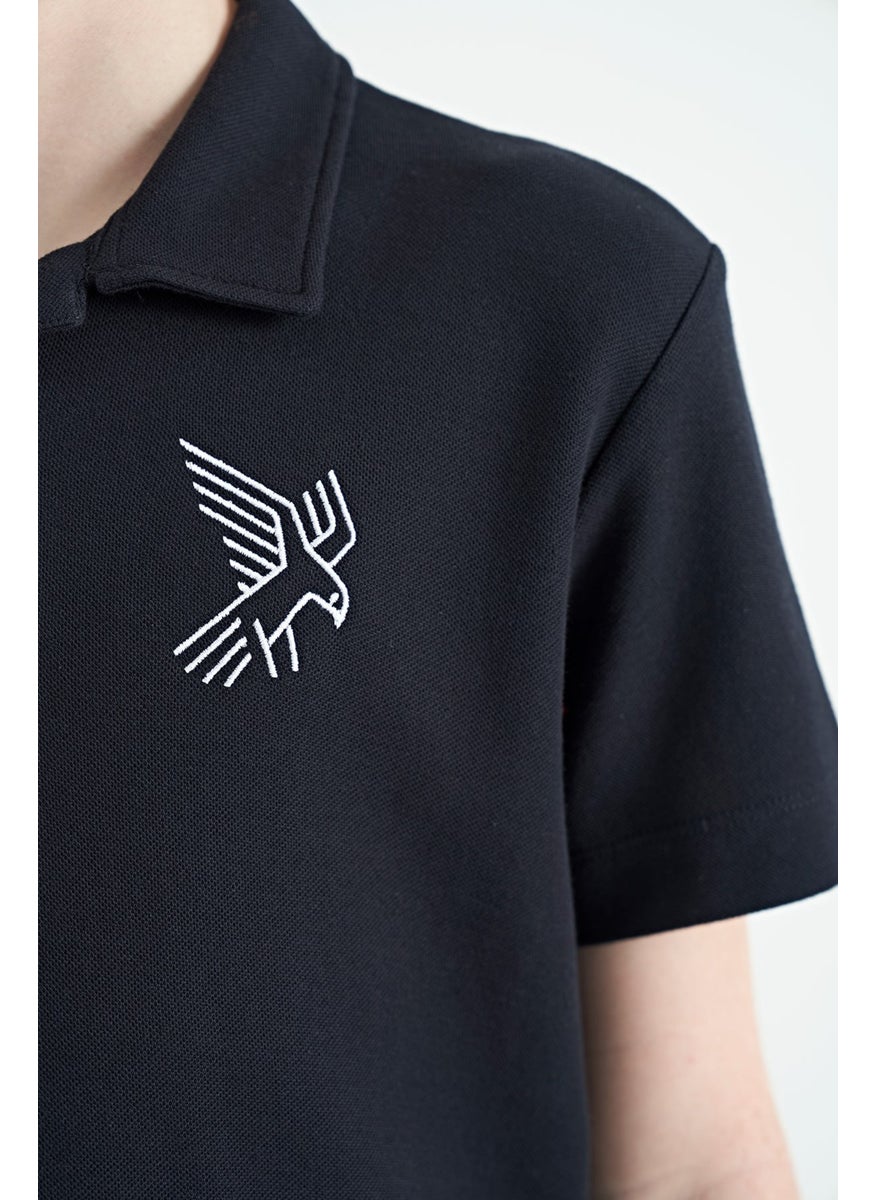 Navy Blue Minimal Embroidery Detailed Standard Pattern Polo Collar Boy T-Shirt - 11084