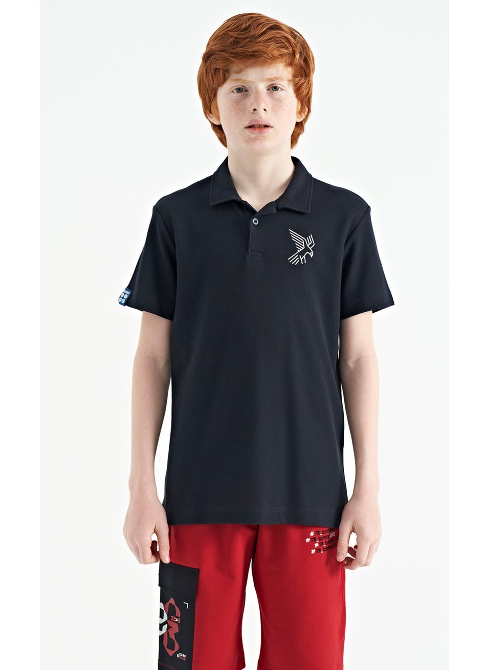 Navy Blue Minimal Embroidery Detailed Standard Pattern Polo Collar Boy T-Shirt - 11084