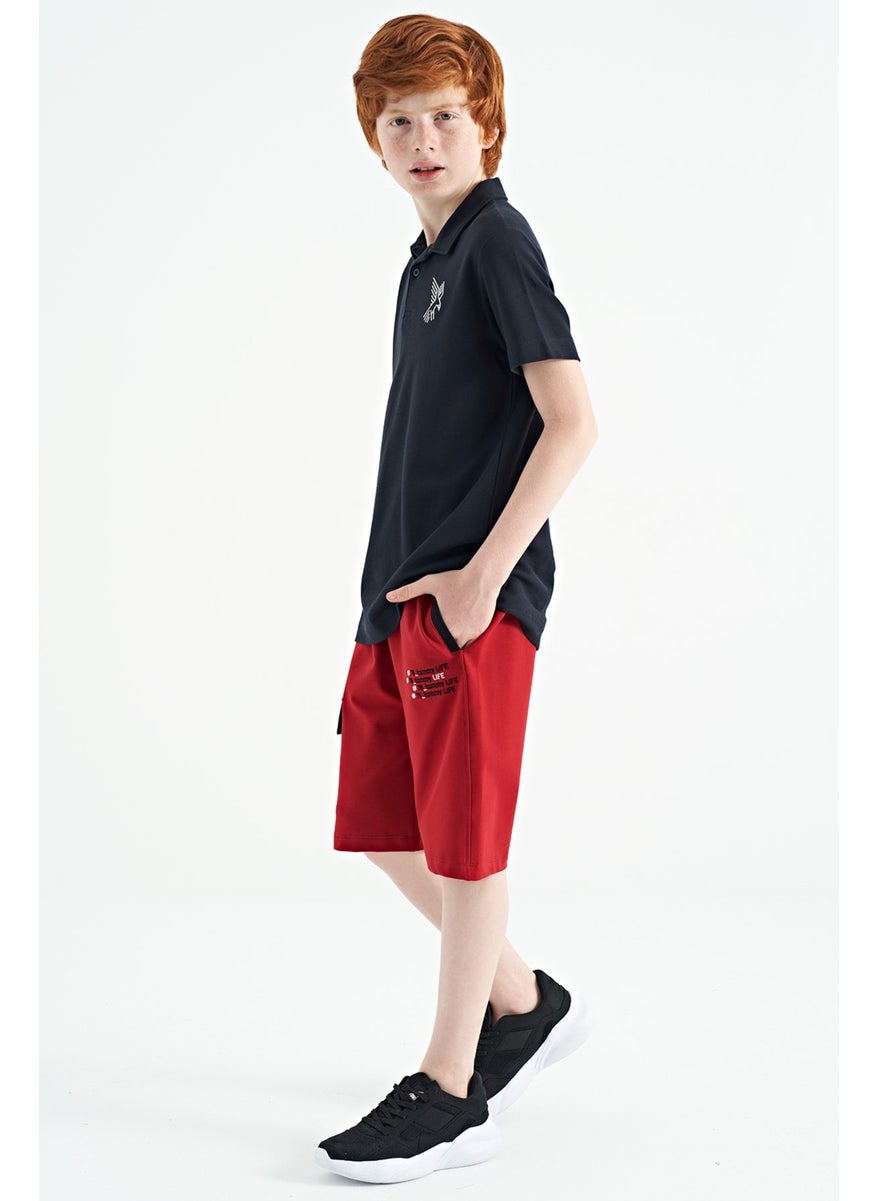 Navy Blue Minimal Embroidery Detailed Standard Pattern Polo Collar Boy T-Shirt - 11084