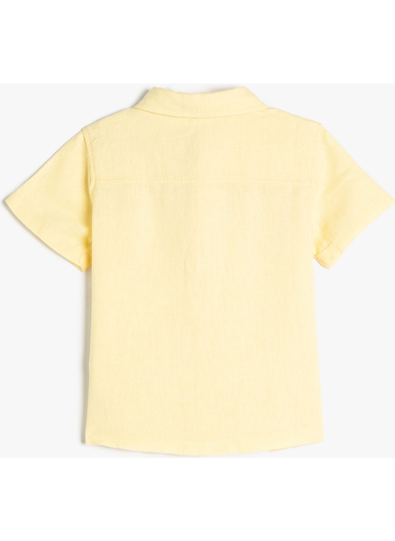 Cotton Shirt Linen Blend Short Sleeve Single Pocket Detail