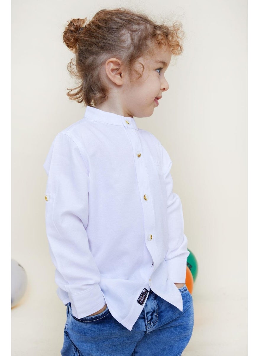 Boy's Shirt with Coat of Arms Buttons, Age 3-7, White