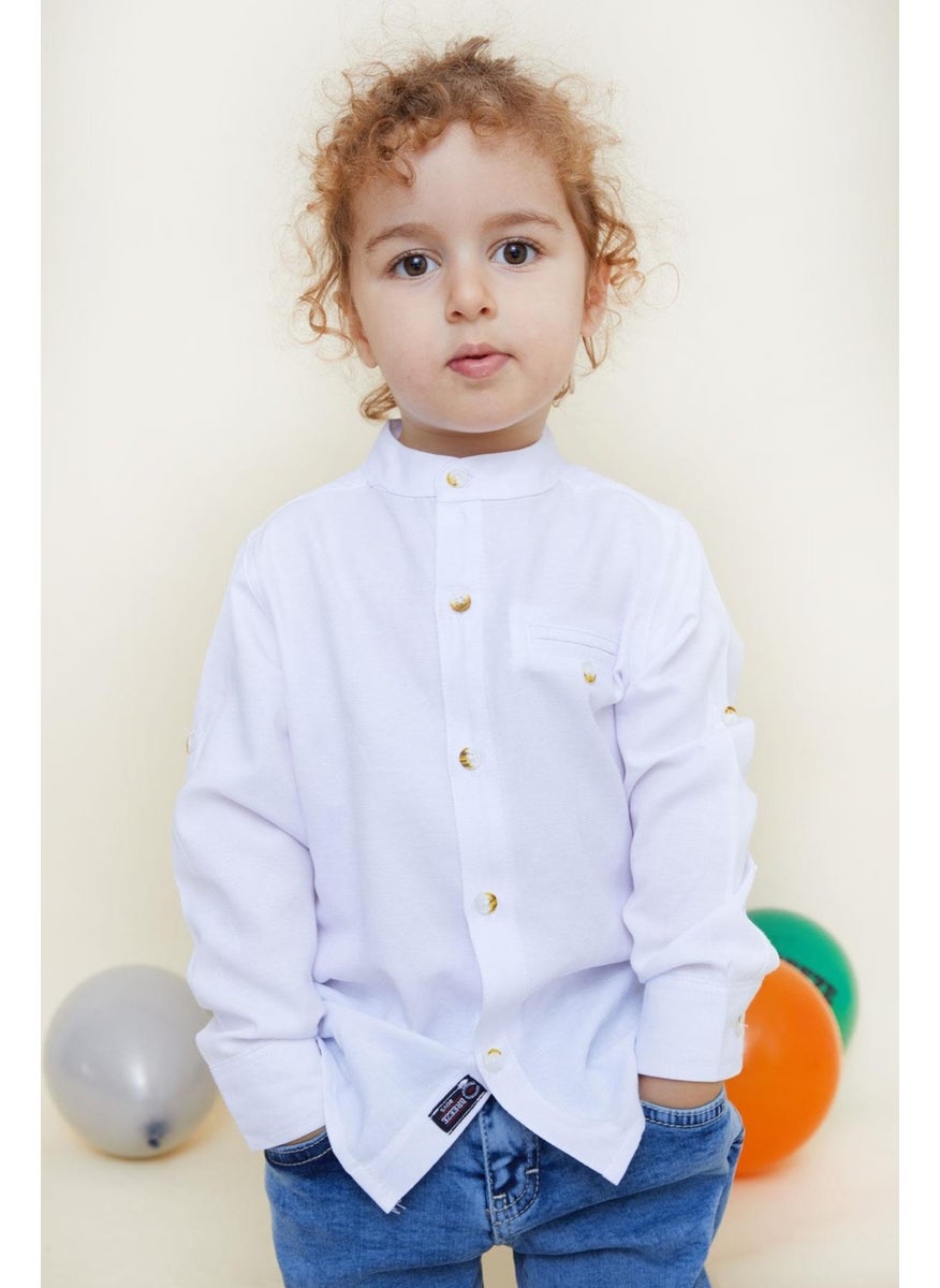 Boy's Shirt with Coat of Arms Buttons, Age 3-7, White