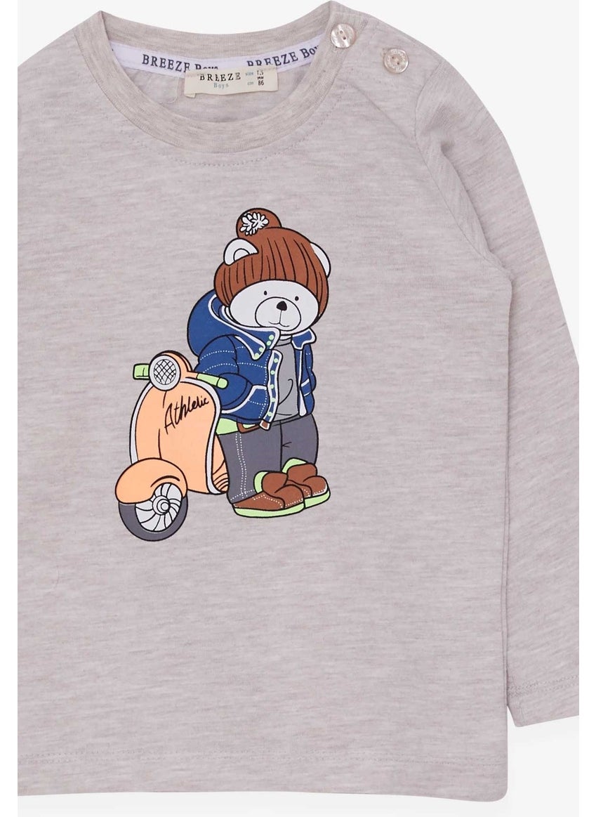 Boy's Long Sleeve T-Shirt Teddy Bear Printed, Ages 2-6, Beige Melange