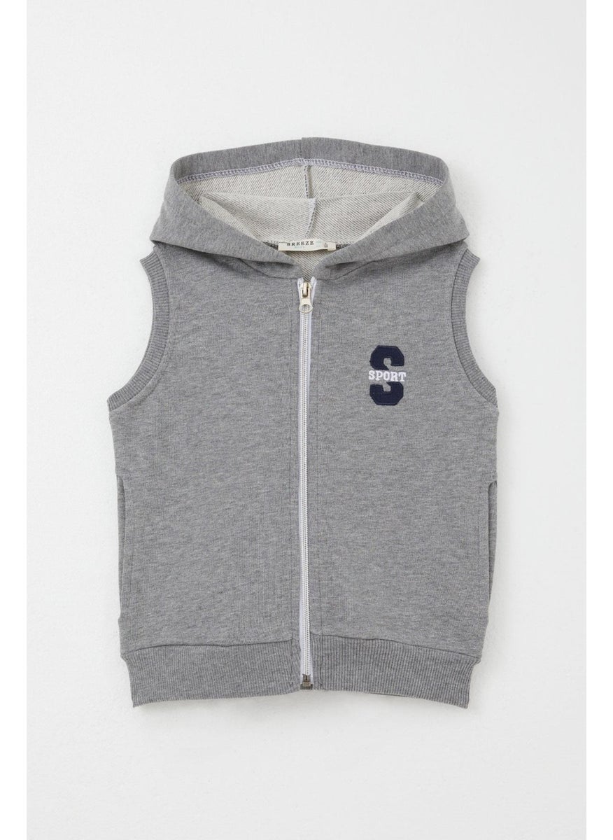 Boy's Vest with Letter Embroidery and Zipper, 3-8 Years, Dark Gray Melange