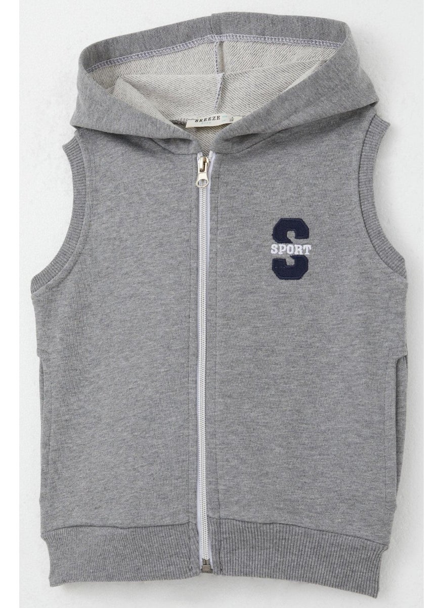 Boy's Vest with Letter Embroidery and Zipper, 3-8 Years, Dark Gray Melange