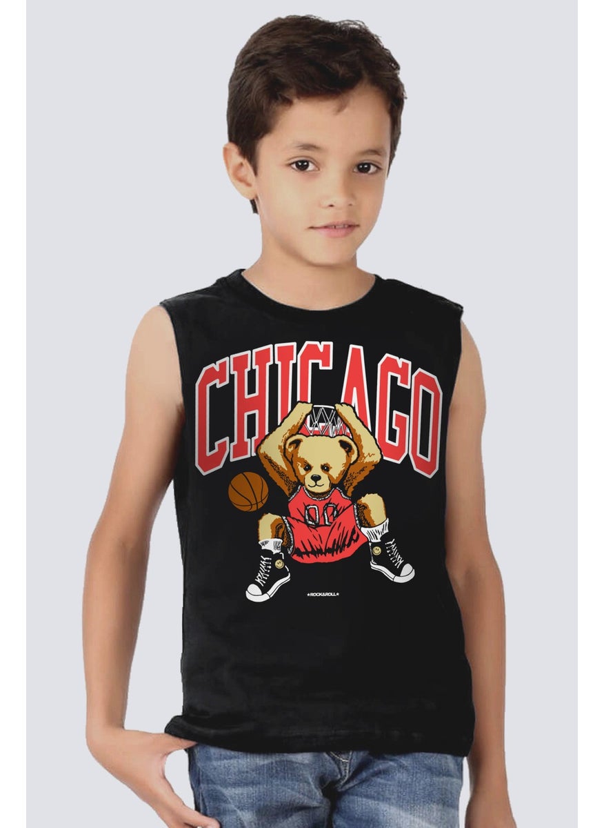 Chicago Basket Black Cutaway Sleeve | Sleeveless Girls Boys Unisex T-Shirt | Athlete