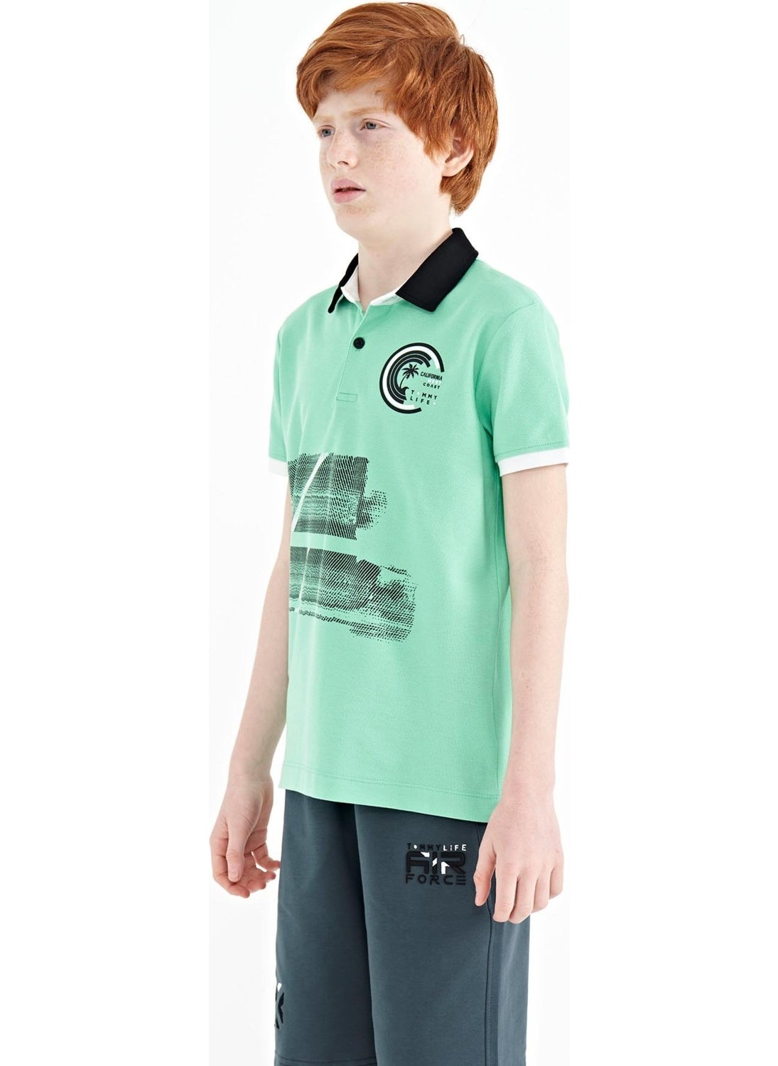 Water Green Print Detailed Polo Collar Standard Size Boy T-Shirt - 11094