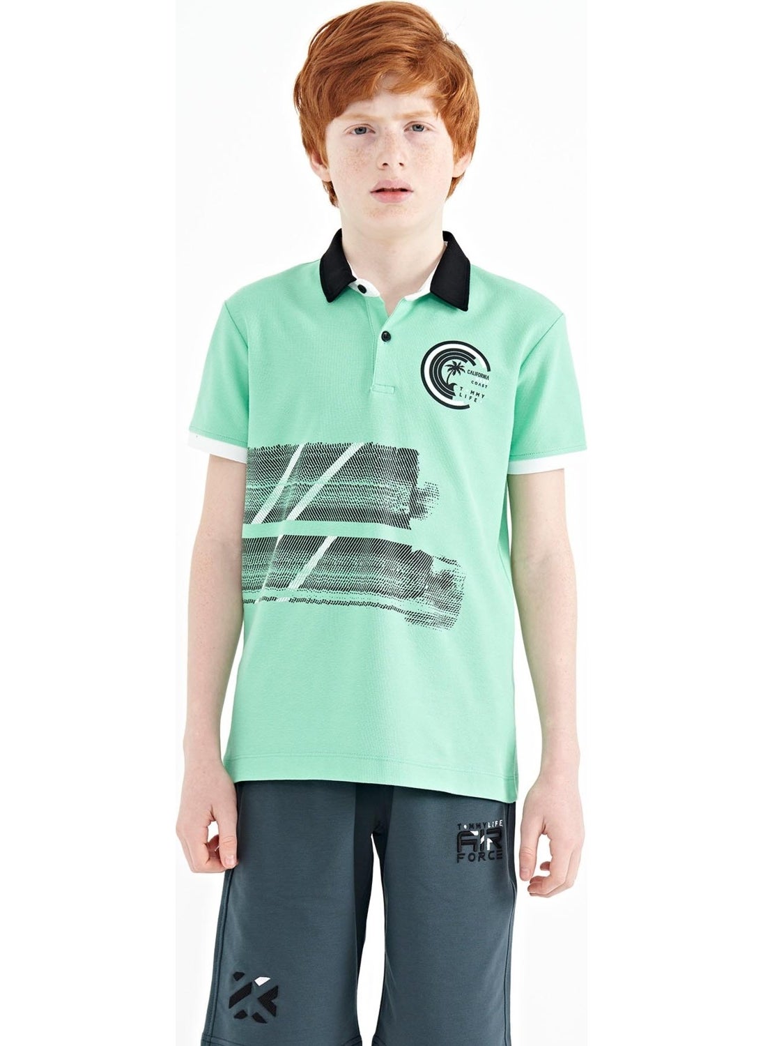 Water Green Print Detailed Polo Collar Standard Size Boy T-Shirt - 11094