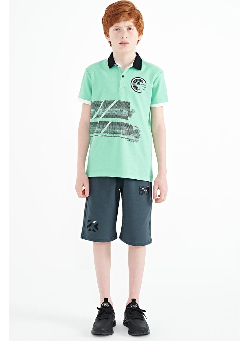 Water Green Print Detailed Polo Collar Standard Size Boy T-Shirt - 11094