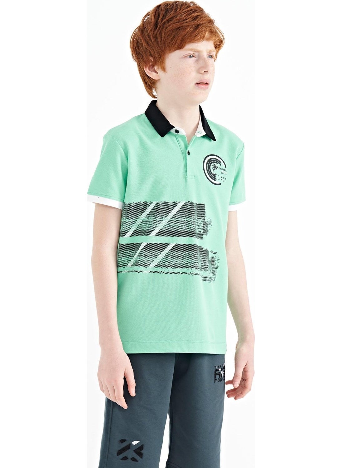 Water Green Print Detailed Polo Collar Standard Size Boy T-Shirt - 11094