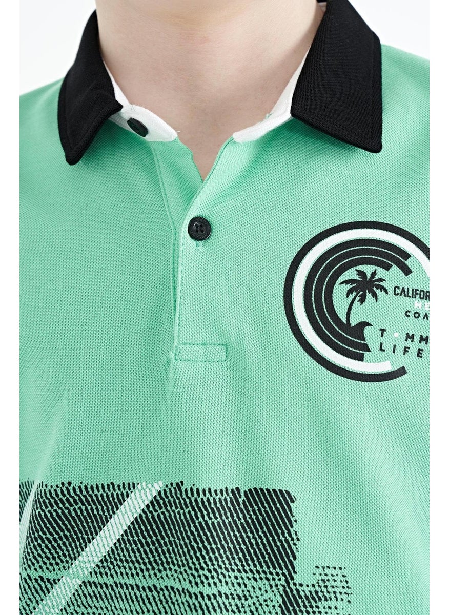 Water Green Print Detailed Polo Collar Standard Size Boy T-Shirt - 11094