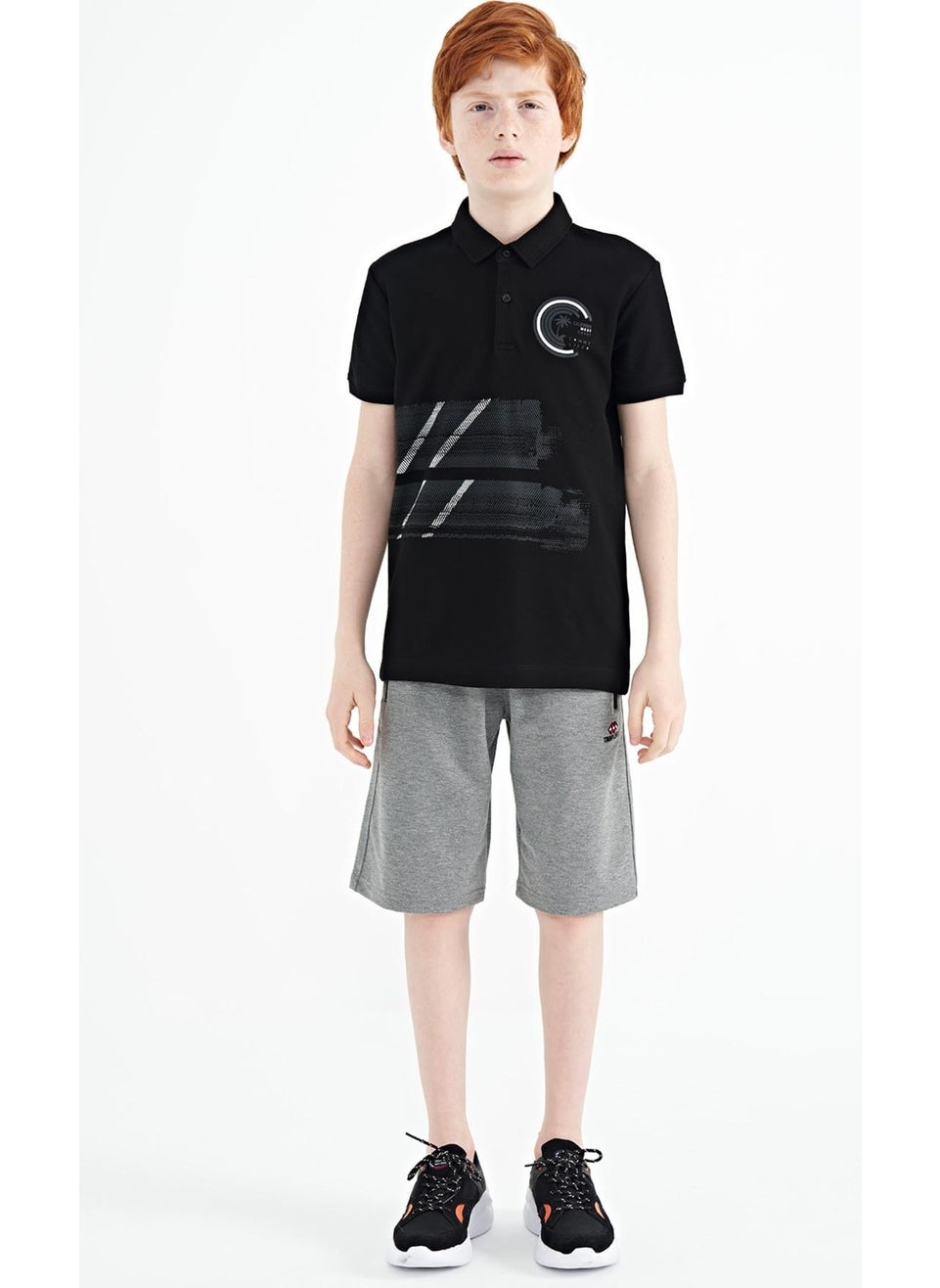 Black Printed Detailed Polo Collar Standard Size Boy T-Shirt - 11094