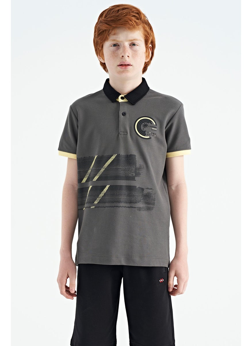 Dark Gray Printed Detailed Polo Collar Standard Size Boy T-Shirt - 11094