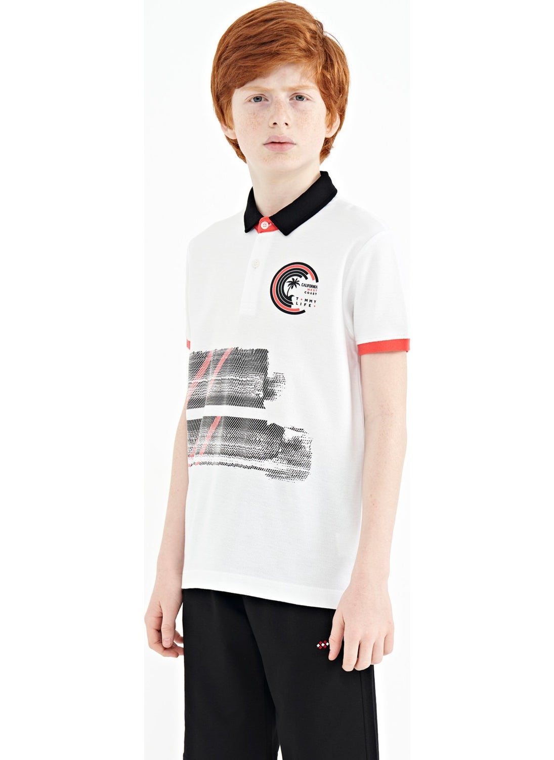 White Print Detailed Polo Collar Standard Size Boy T-Shirt - 11094