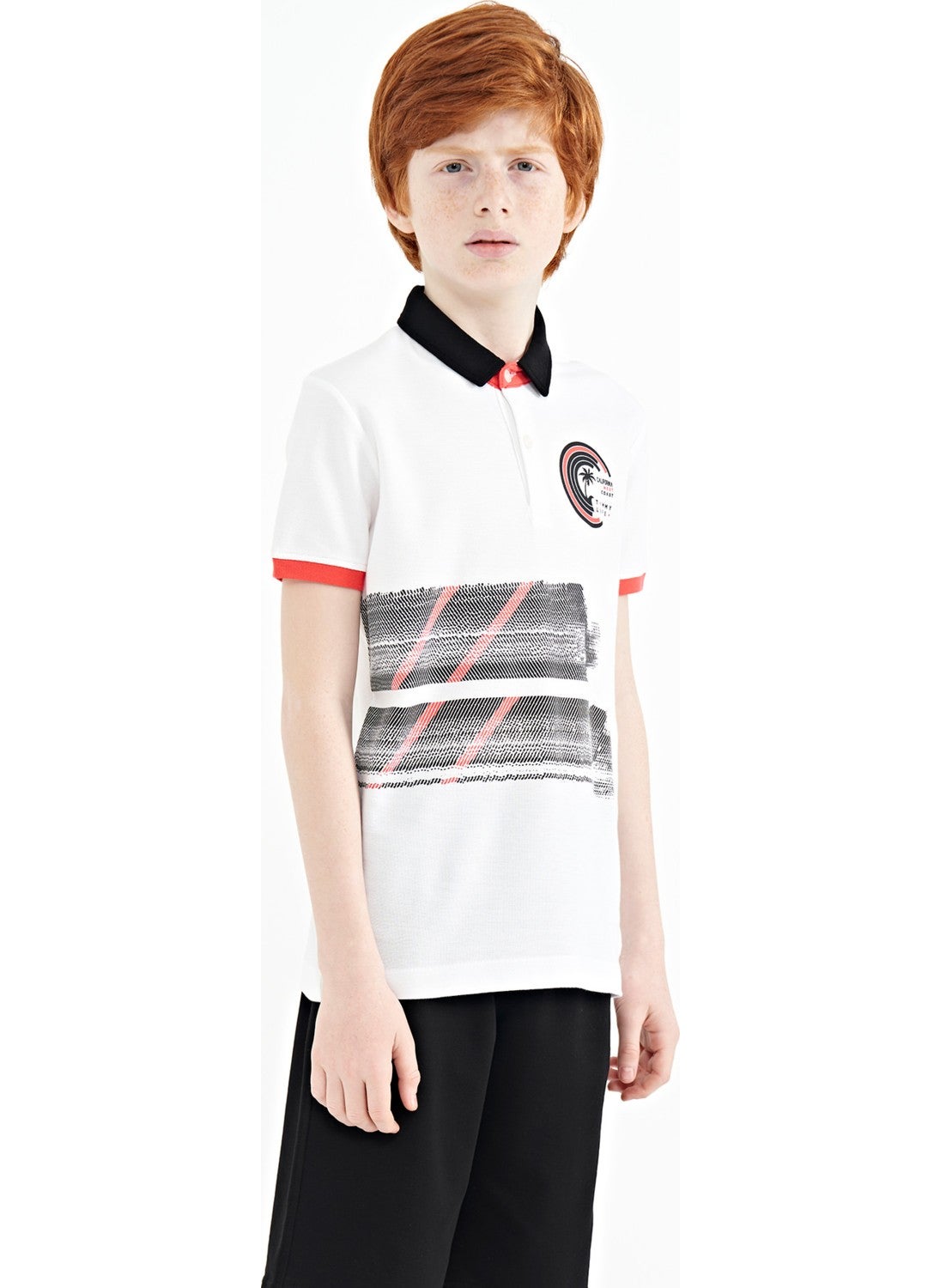 White Print Detailed Polo Collar Standard Size Boy T-Shirt - 11094