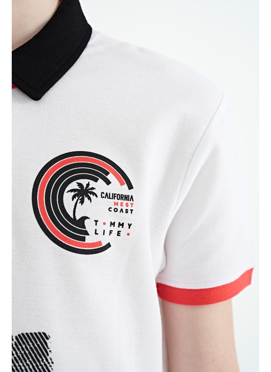 White Print Detailed Polo Collar Standard Size Boy T-Shirt - 11094