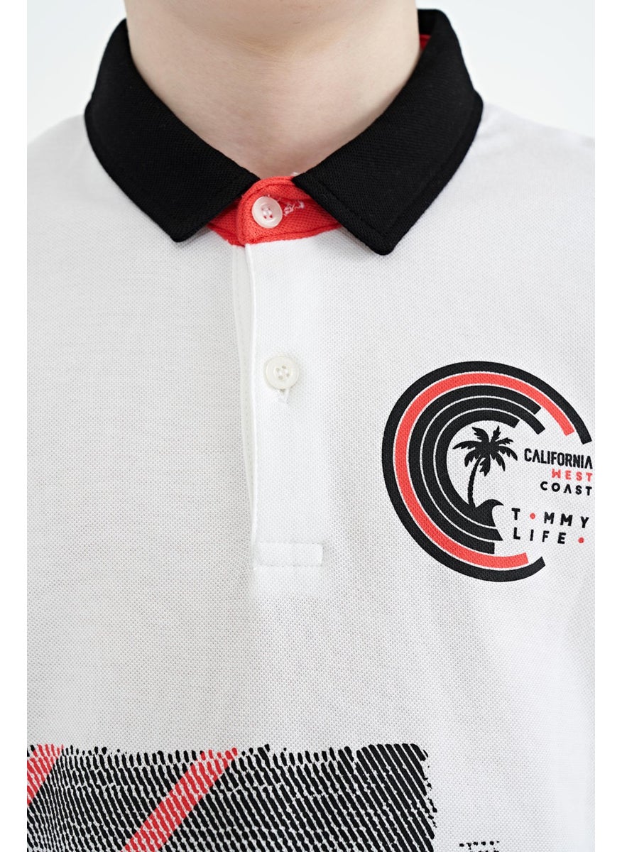 White Print Detailed Polo Collar Standard Size Boy T-Shirt - 11094