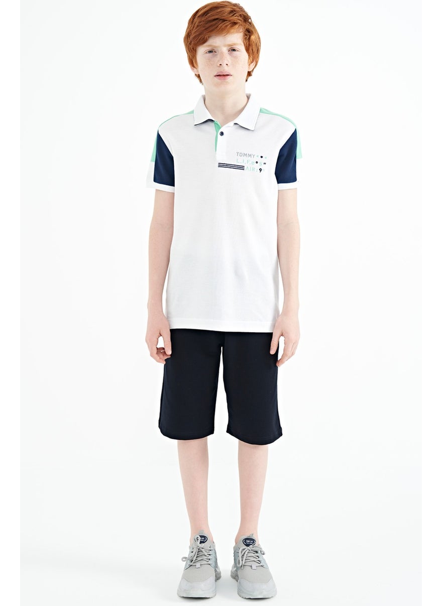 White Color Block Shoulder Garni Detailed Standard Pattern Boy T-Shirt - 11155