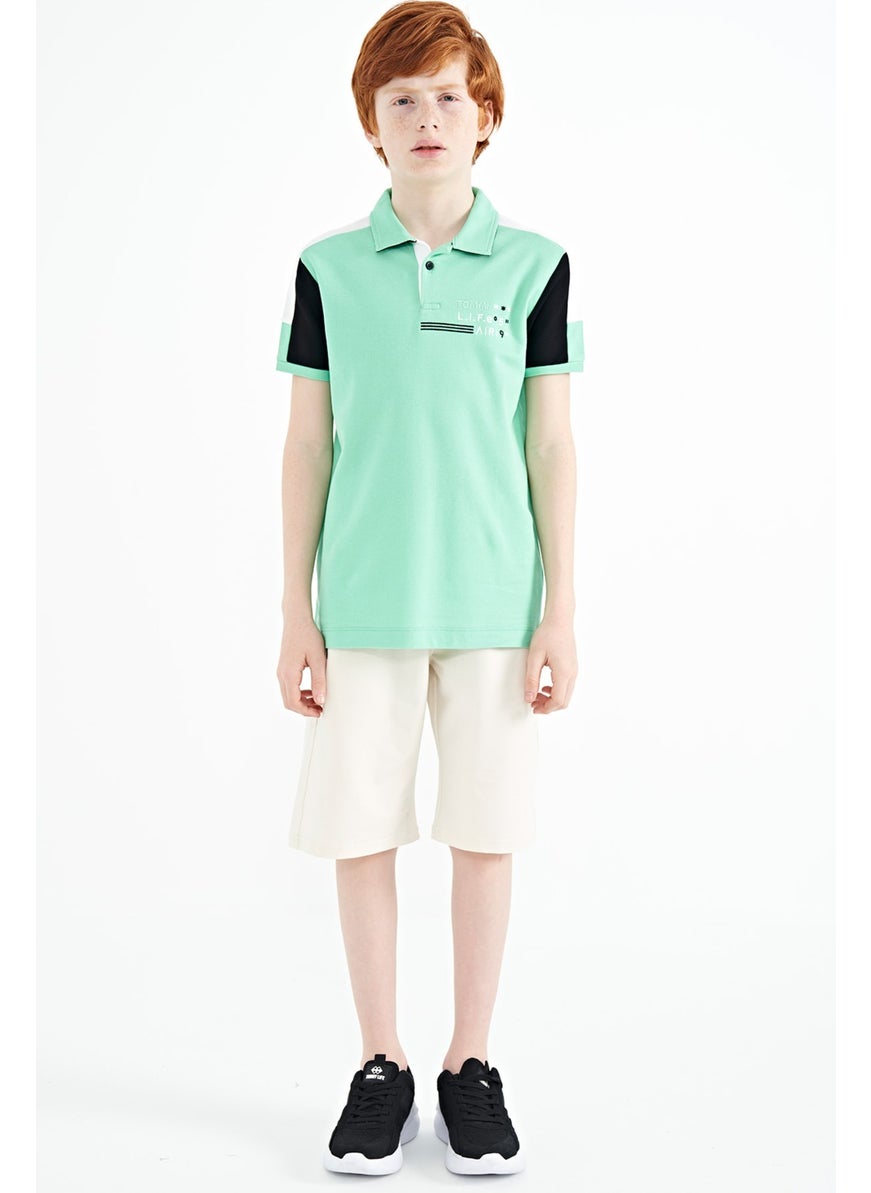 Aqua Green Color Block Shoulder Garni Detailed Standard Size Boy T-Shirt - 11155