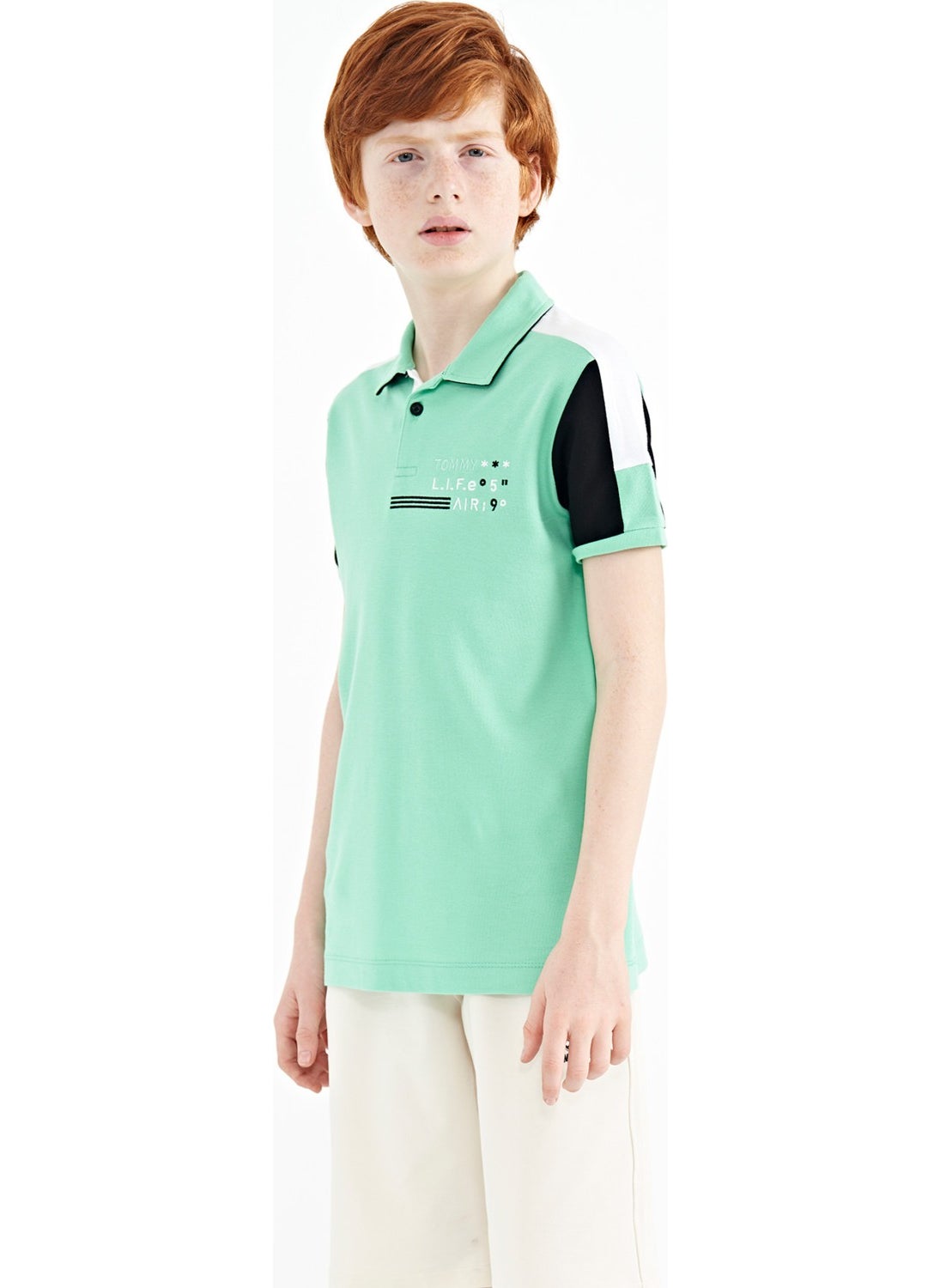 Aqua Green Color Block Shoulder Garni Detailed Standard Size Boy T-Shirt - 11155