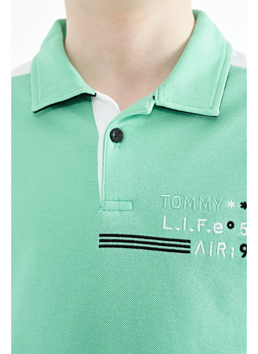 Aqua Green Color Block Shoulder Garni Detailed Standard Size Boy T-Shirt - 11155