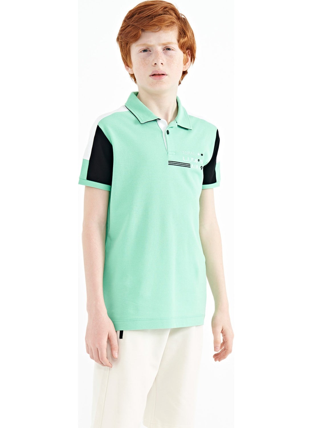 Aqua Green Color Block Shoulder Garni Detailed Standard Size Boy T-Shirt - 11155