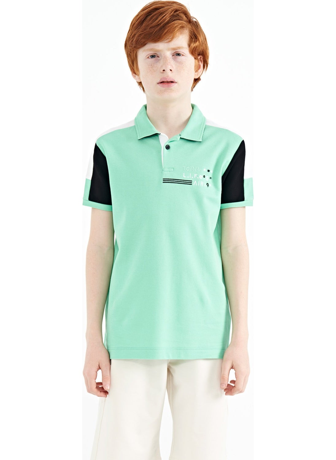 Aqua Green Color Block Shoulder Garni Detailed Standard Size Boy T-Shirt - 11155