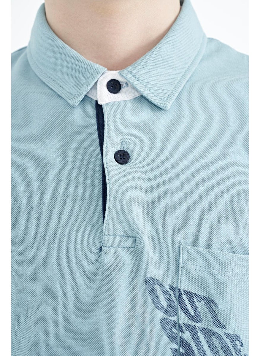 Light Blue Front Pocket Detailed Printed Standard Size Polo Collar Boy's T-Shirt - 11102